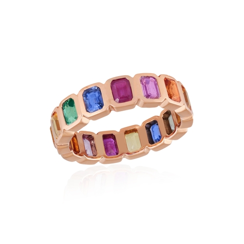 132 - A MULTI-COLOURED SAPPHIRE ETERNITY RING  Collet-set, the continuous row of cut-cornered rectangular ... 