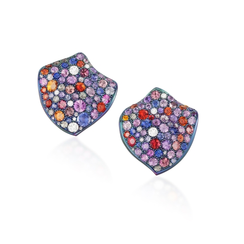 133 - MARGHERITA BURGENER: A PAIR OF MULTI-COLOURED SAPPHIRE AND DIAMOND EARRINGS  Each abstract petal des... 