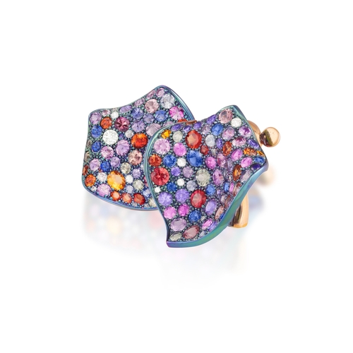 133 - MARGHERITA BURGENER: A PAIR OF MULTI-COLOURED SAPPHIRE AND DIAMOND EARRINGS  Each abstract petal des... 