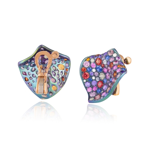 133 - MARGHERITA BURGENER: A PAIR OF MULTI-COLOURED SAPPHIRE AND DIAMOND EARRINGS  Each abstract petal des... 