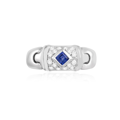 139 - BULGARI: A SAPPHIRE AND DIAMOND 'PARENTESI' DRESS RING  The collet-set square-cut sapphire, within a... 