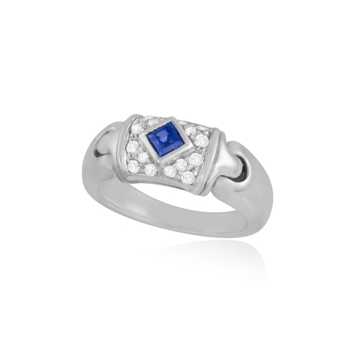 139 - BULGARI: A SAPPHIRE AND DIAMOND 'PARENTESI' DRESS RING  The collet-set square-cut sapphire, within a... 