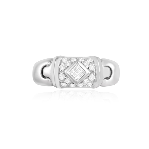 140 - BULGARI: A DIAMOND 'PARENTESI' RING  The collet-set square-cut diamond, within a brilliant-cut diamo... 