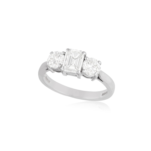 142 - A DIAMOND THREE-STONE RING  The cut-cornered rectangular-cut diamond at the centre between two brill... 