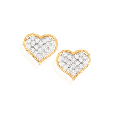 146 - BUCCELLATI: A PAIR OF DIAMOND EARCLIPS  Each slightly bombé heart plaque pavé-set with brilliant-cut... 