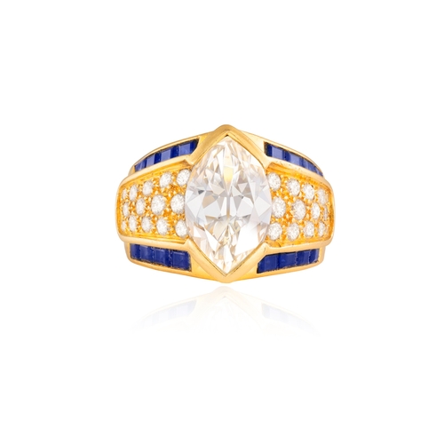 152 - A DIAMOND AND SAPPHIRE DRESS RING  Centring a marquise-shaped diamond weighing approximately 3.70cts... 