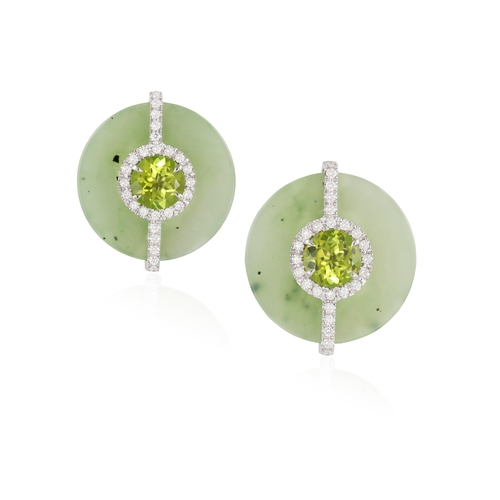 162 - MARGHERITA BURGENER: A PAIR OF JADE, PERIDOT AND DIAMOND EARRINGS  Each polished circular plaque set... 