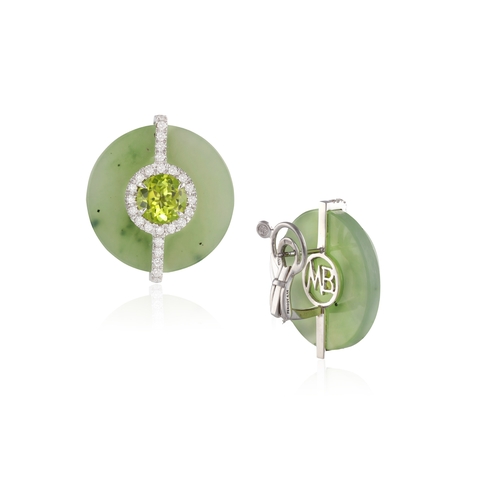 162 - MARGHERITA BURGENER: A PAIR OF JADE, PERIDOT AND DIAMOND EARRINGS  Each polished circular plaque set... 