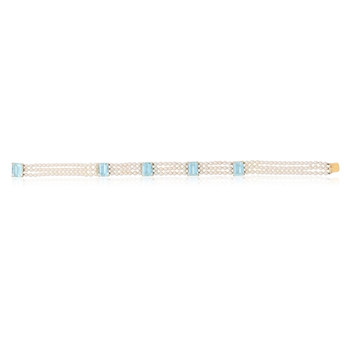 163 - AN AQUAMARINE AND CULTURED PEARL CHOKER NECKLACE  Composed of three rows of cultured pearls, the fro... 