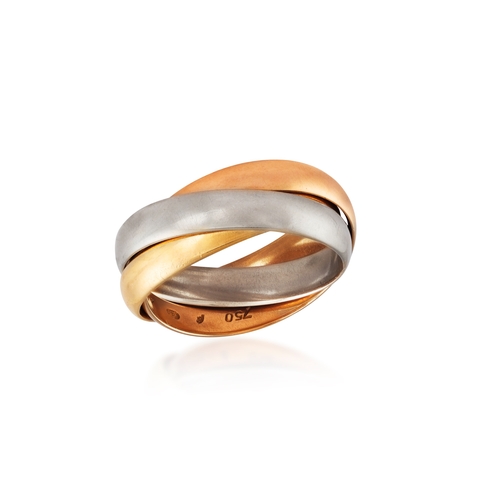 164 - CARTIER: A TRI-COLOURED ‘TRINITY’ RING  Composed of three polished interlocking bands in either yell... 