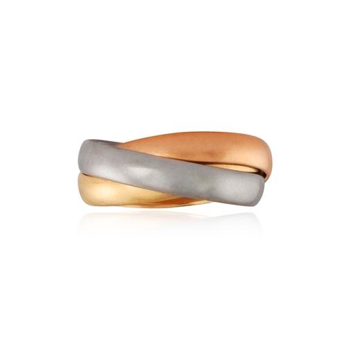 164 - CARTIER: A TRI-COLOURED ‘TRINITY’ RING  Composed of three polished interlocking bands in either yell... 