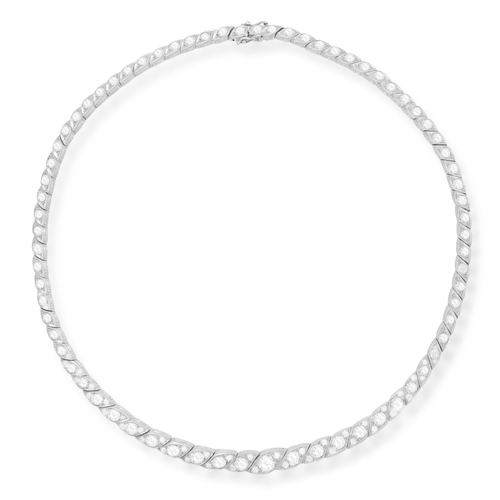 168 - A DIAMOND LINE NECKLACE  Comprising of graduating old brilliant-cut diamonds in scalloped collets in... 