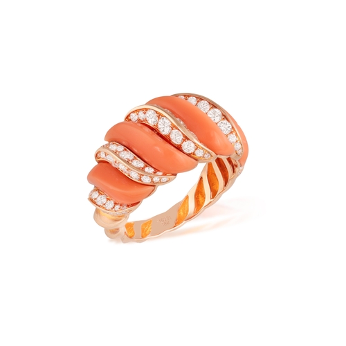 178 - A CORAL AND DIAMOND RING  Of bombé design, the carved coral interspersed with brilliant-cut diamonds... 