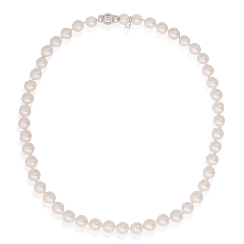 180 - MIKIMOTO: A CULTURED PEARL NECKLACE  Composed of a single row of cultured pearls of white tint measu... 