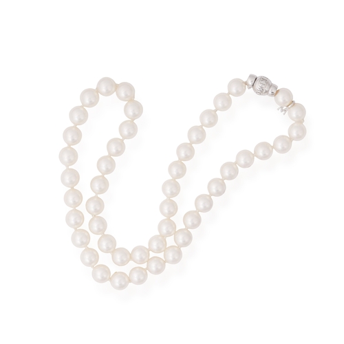 180 - MIKIMOTO: A CULTURED PEARL NECKLACE  Composed of a single row of cultured pearls of white tint measu... 