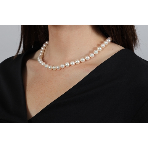 180 - MIKIMOTO: A CULTURED PEARL NECKLACE  Composed of a single row of cultured pearls of white tint measu... 