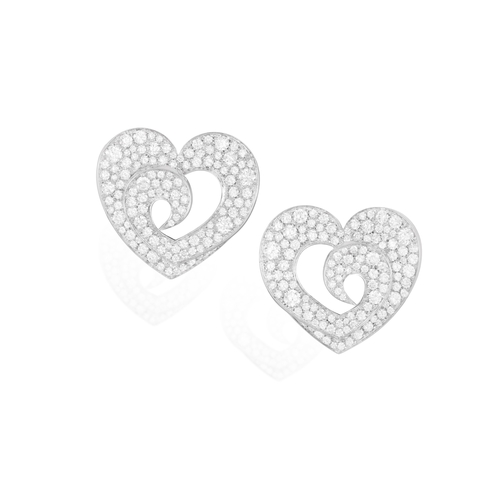 186 - MARGHERITA BURGENER: A PAIR OF DIAMOND EARRINGS  Each stylised heart pavé-set with brilliant-cut dia... 