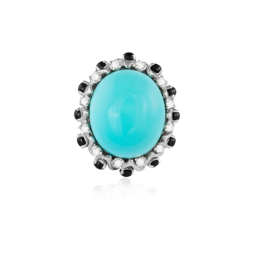 189 - A TURQUOISE AND DIAMOND COCKTAIL RING  Set with an oval-shaped turquoise cabochon at the centre with... 