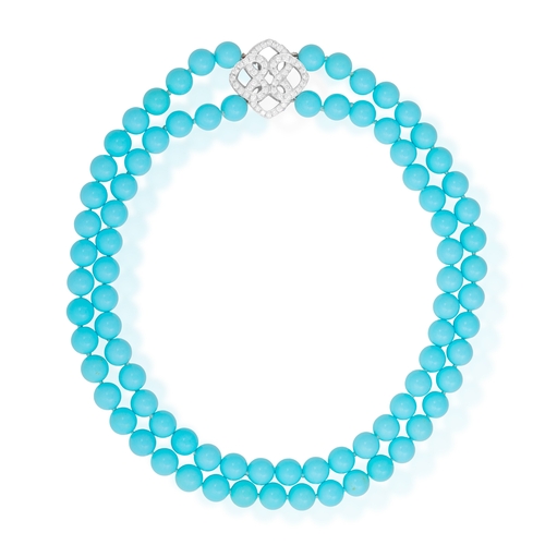 203 - A TURQUOISE AND DIAMOND NECKLACE(S)  Composed of two rows of turquoise beads, spaced by two diamond-... 