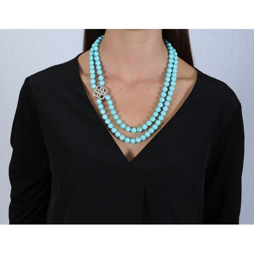 203 - A TURQUOISE AND DIAMOND NECKLACE(S)  Composed of two rows of turquoise beads, spaced by two diamond-... 