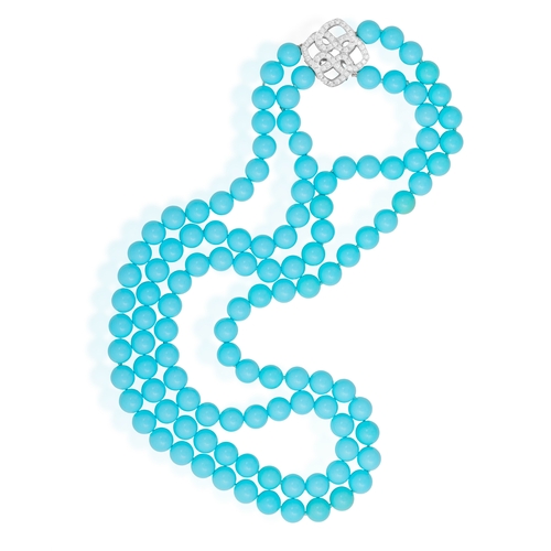 203 - A TURQUOISE AND DIAMOND NECKLACE(S)  Composed of two rows of turquoise beads, spaced by two diamond-... 