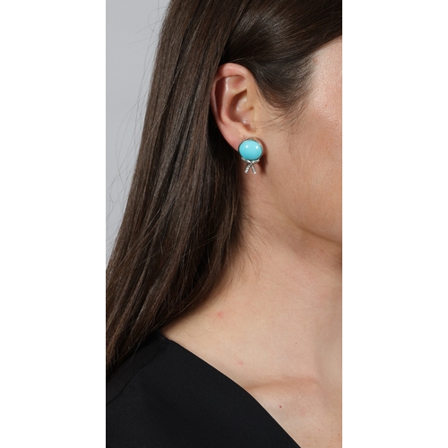 204 - A PAIR OF TURQUOISE AND DIAMOND EARRINGS  Each circular turquoise cabochon highlighted with a brilli... 