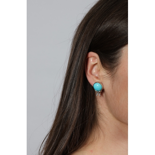 204 - A PAIR OF TURQUOISE AND DIAMOND EARRINGS  Each circular turquoise cabochon highlighted with a brilli... 