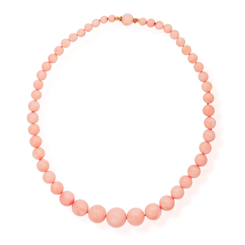 206 - A CORAL BEAD NECKLACE  Composed of a single graduated row of coral corallium secundum beads measurin... 