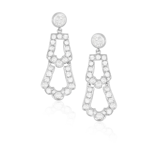 209 - A PAIR OF DIAMOND PENDENT EARRINGS  Of openwork scalloped design, each set with old-cut diamonds thr... 