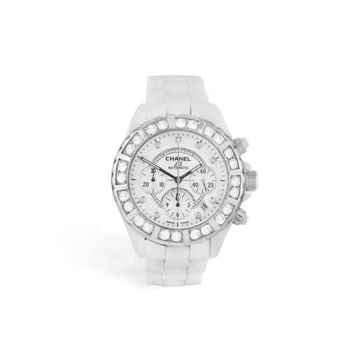 218 - CHANEL: A STAINLESS STEEL, DIAMOND-SET AND CERAMIC 'J12 CHRONOGRAPH' WATCH  The 37-jewel Cal-2894/2 ... 