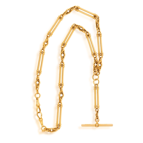 24 - A GOLD ALBERT CHAIN  The fetter and knot links with T-bar, to a swivel clasp, in 18K and 15K gold, w... 