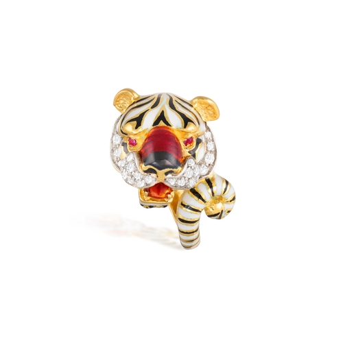 50 - FRASCAROLO: AN ENAMEL, RUBY AND DIAMOND TIGER RING, CIRCA 1965  Decorated with black, white and red ... 