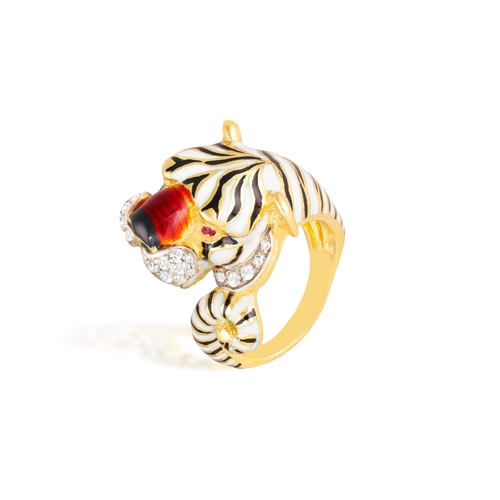 50 - FRASCAROLO: AN ENAMEL, RUBY AND DIAMOND TIGER RING, CIRCA 1965  Decorated with black, white and red ... 