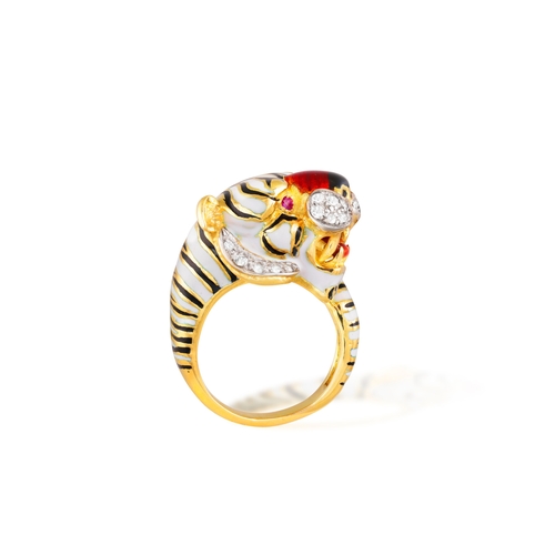 50 - FRASCAROLO: AN ENAMEL, RUBY AND DIAMOND TIGER RING, CIRCA 1965  Decorated with black, white and red ... 