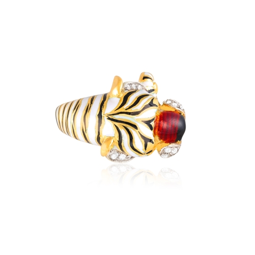 50 - FRASCAROLO: AN ENAMEL, RUBY AND DIAMOND TIGER RING, CIRCA 1965  Decorated with black, white and red ... 