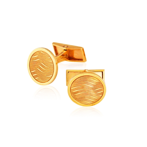 52 - HERMÈS: A PAIR OF GOLD CUFFLINKS  Each circular textured and polished plaque, with T-bar terminal, i... 