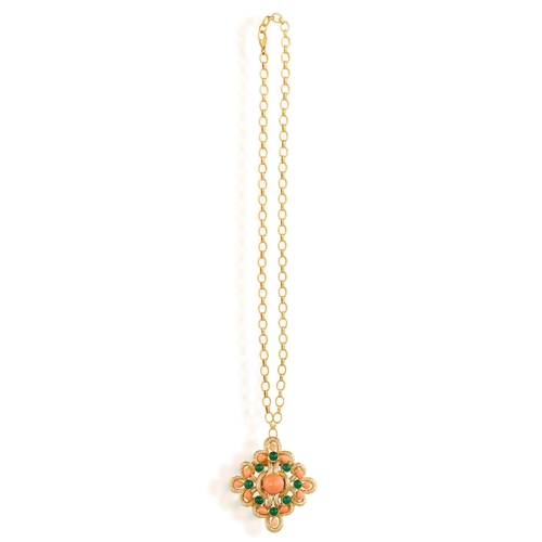 55 - ANDRÉ VASSORT FOR H. MARTIN: A CORAL AND AGATE PENDANT/BROOCH ON CHAIN  Of openwork stylised flowerh... 