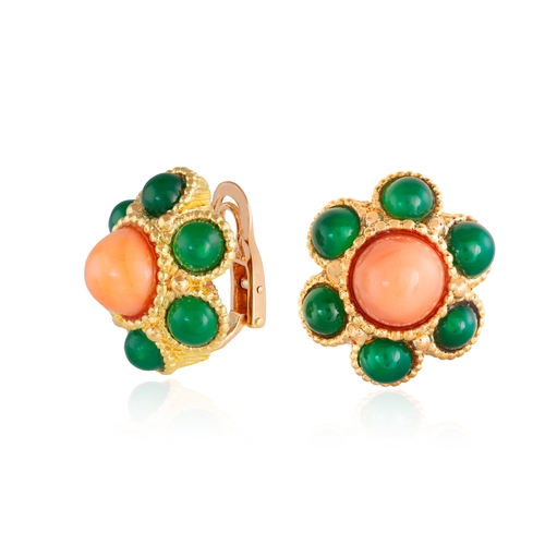 56 - ANDRÉ VASSORT FOR H.MARTIN: A PAIR OF AGATE AND CORAL EARCLIPS, CIRCA 1975  Each centring a circular... 