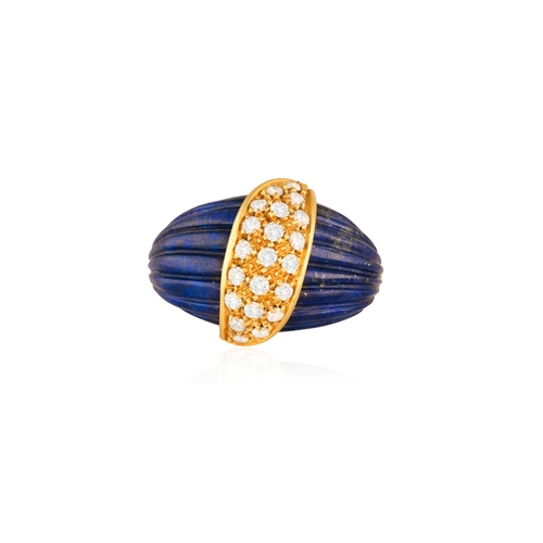 59 - A LAPIS LAZULI AND DIAMOND DRESS RING  Of bombé design, the centre motif pavé-set with brilliant-cut... 