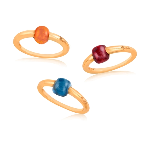 6 - POMELLATO: THREE GEM-SET M'AMA NON M'AMA RINGS   Each set with a gem-stone cabochon, including a hes... 