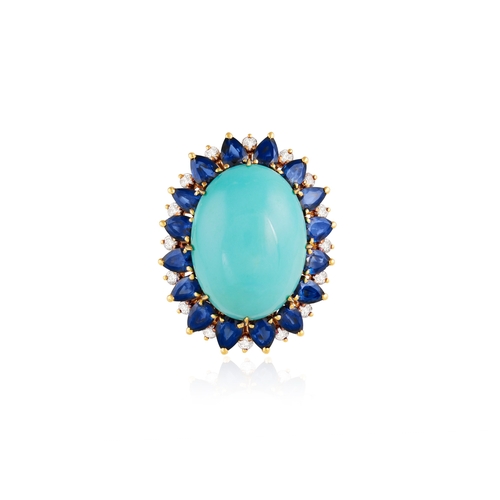 61 - A TURQUOISE, SAPPHIRE AND DIAMOND DRESS RING, FRENCH  Set with an oval-shaped turquoise cabochon at ... 