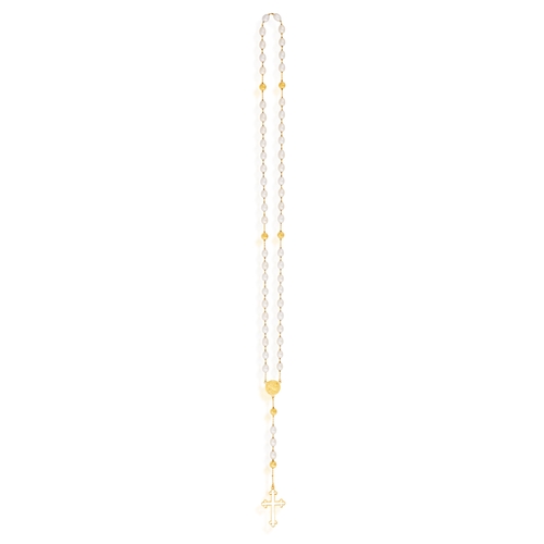 62 - ARTHUS BERTRAND: A GOLD AND CULTURED PEARL ROSARY  The cultured pearls interspersed by gold beads an... 