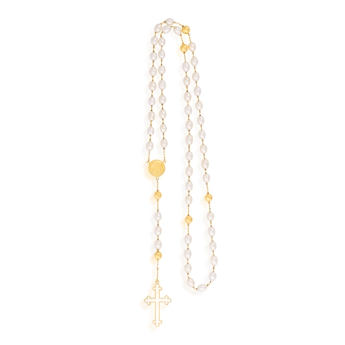 62 - ARTHUS BERTRAND: A GOLD AND CULTURED PEARL ROSARY  The cultured pearls interspersed by gold beads an... 