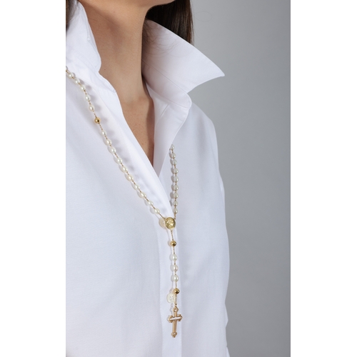 62 - ARTHUS BERTRAND: A GOLD AND CULTURED PEARL ROSARY  The cultured pearls interspersed by gold beads an... 