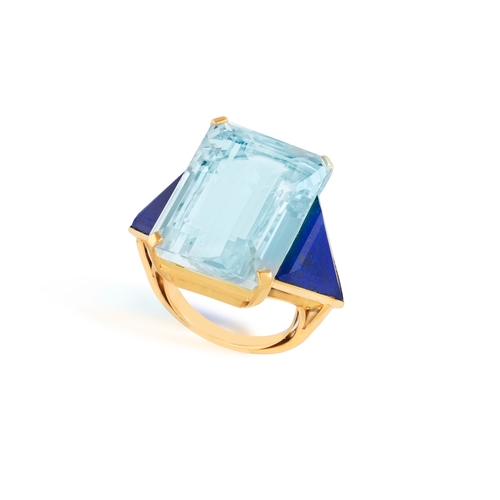 66 - AN AQUAMARINE DRESS RING  The rectangular-cut aquamarine weighing approximately 22.00cts, between tw... 