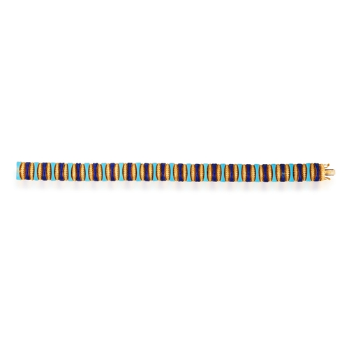 67 - AN ENAMEL AND GOLD BRACELET  The articulated bracelet embellished with stripes of turquoise and blue... 