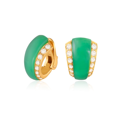 71 - VAN CLEEF & ARPELS: A PAIR OF CHRYSOPRASE AND DIAMOND EARCLIPS, CIRCA 1975-80  Of half hoop design, ... 