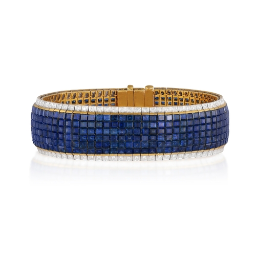 75 - A SAPPHIRE AND DIAMOND BRACELET  Designed as a flexible strap of calibré-cut sapphires, bordered by ... 