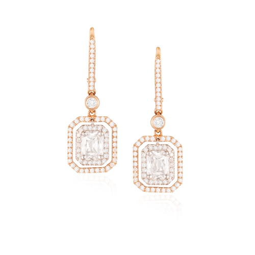 86 - ADLER: A PAIR OF DIAMOND PENDENT EARRINGS  Each Ashoka-shaped diamond at the centre within a frame p... 