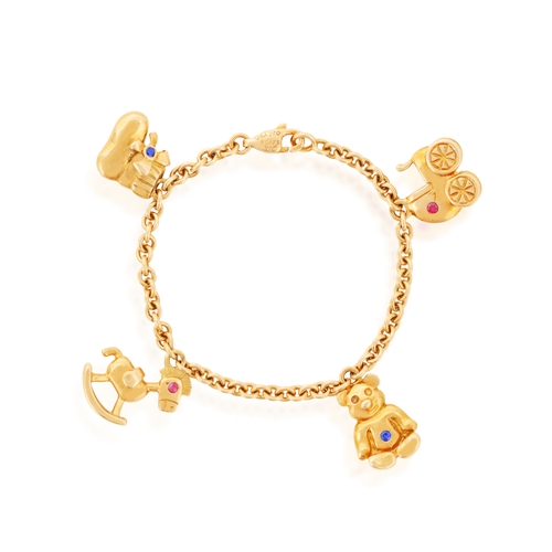 99 - VAN CLEEF & ARPELS: A CHILD'S GEM-SET CHARM BRACELET  The cable-link chain suspending four charms in... 